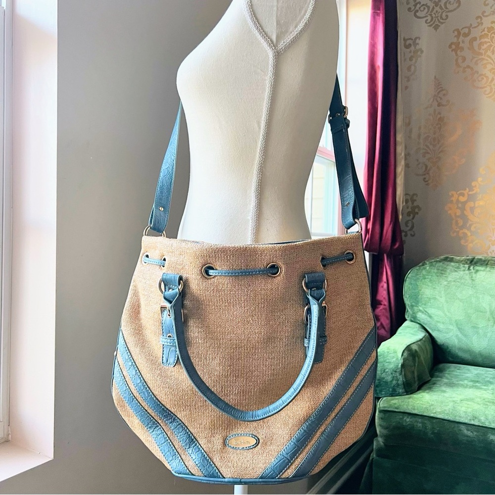 Imoshion Tan Straw Fabric and & Blue Leather Tote Bag